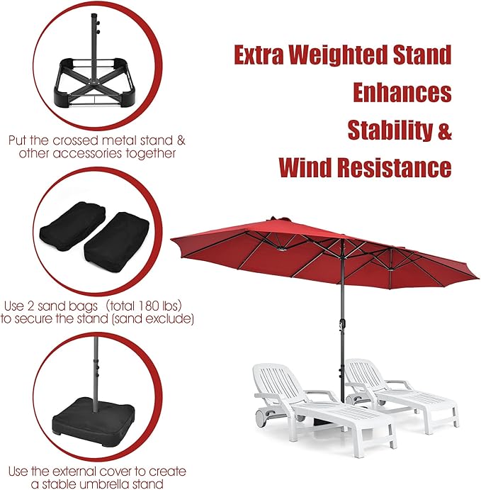 Tangkula 15FT Double-Sided Patio Umbrella, Outdoor Market Umbrella W/Hand-Crank System & Enhanced Base, Ultra-Large Twin Garden Umbrella W/ 12-Rib Structure for Residential & Commercial Use (Wine)