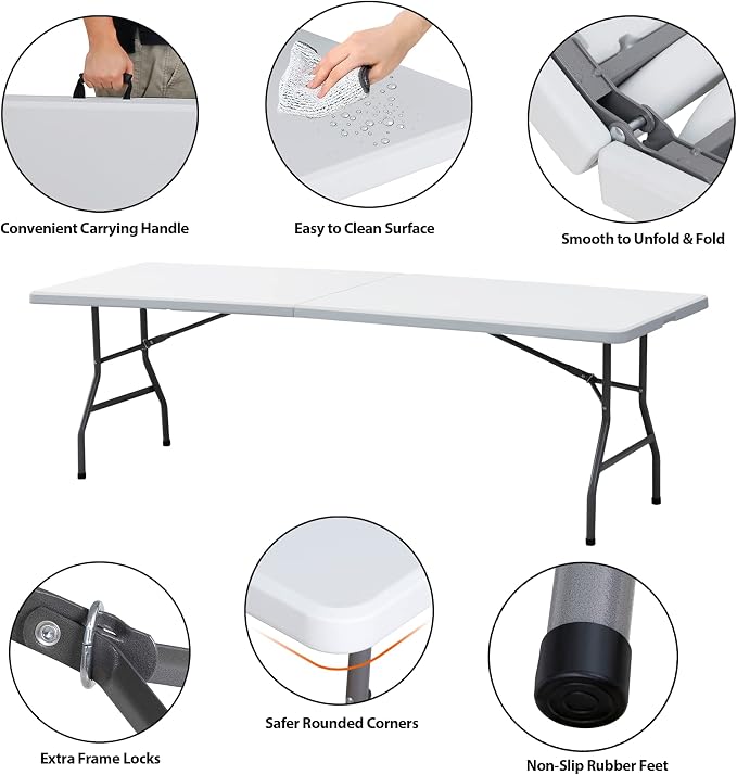 Folding Event Table, Heavy Duty Picnic Table Indoor Outdoor Camping, 8FT Portable w Handle Lock for Banquet, White