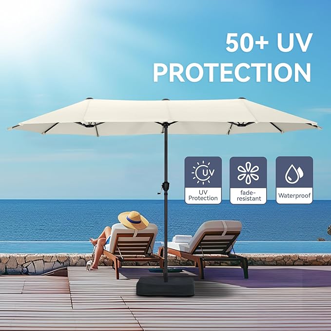 GREEN PARTY 13ft Rectangle Patio Umbrella, Double Sided Outdoor Table Umbrella with Crank & 1.5" Pole, Large Market Umbrella for Poolside Garden Deck Backyard, Ivory