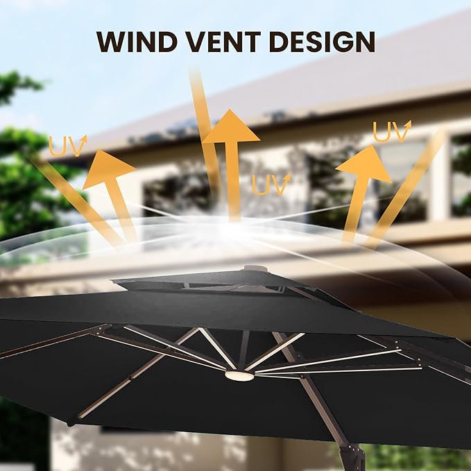 9 X 12 FT Cantilever Patio Umbrella with Led Lights and Base Included Outdoor Heavy Duty Double Top Rectangle Offset Umbrellas with 360-degree Rotation for Pool Deck Backyard, Black