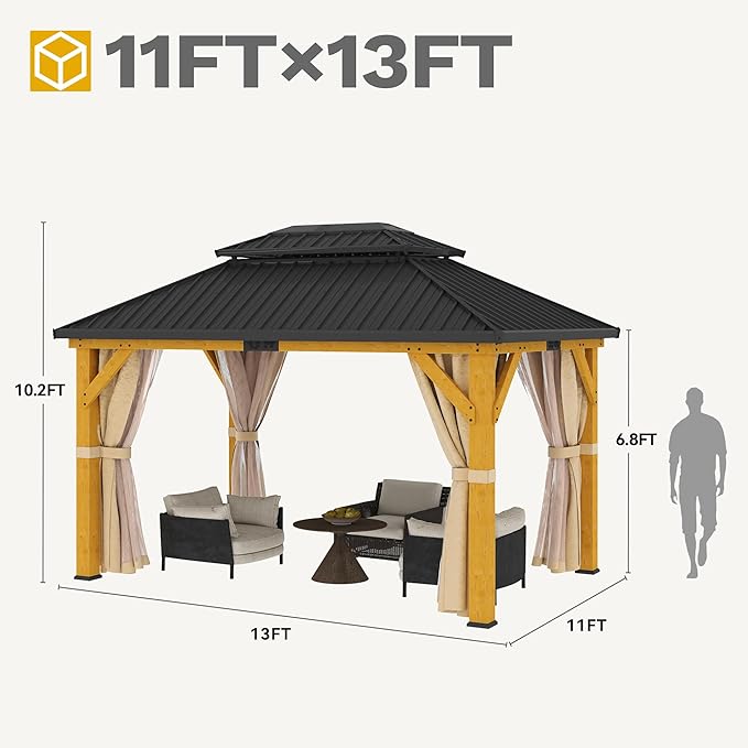DWVO 11X13FT Gazebo Wood Outdoor Wooden Frame Double Roof Hardtop Galvanized Steel Top Canopy w/Curtain and Netting, Patio Heavy Duty for Deck, Backyard, Beige Yellow