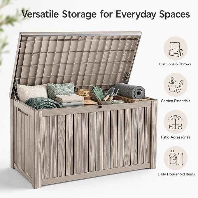 Outdoor Deck Patio Storage Box - 200 Gallon Large Outdoor Deck Box, Plastic Storage Bin with Lid, Outside Toy Box & Pool Storage Container for Cushions, Garden Tools, Towel, Brown