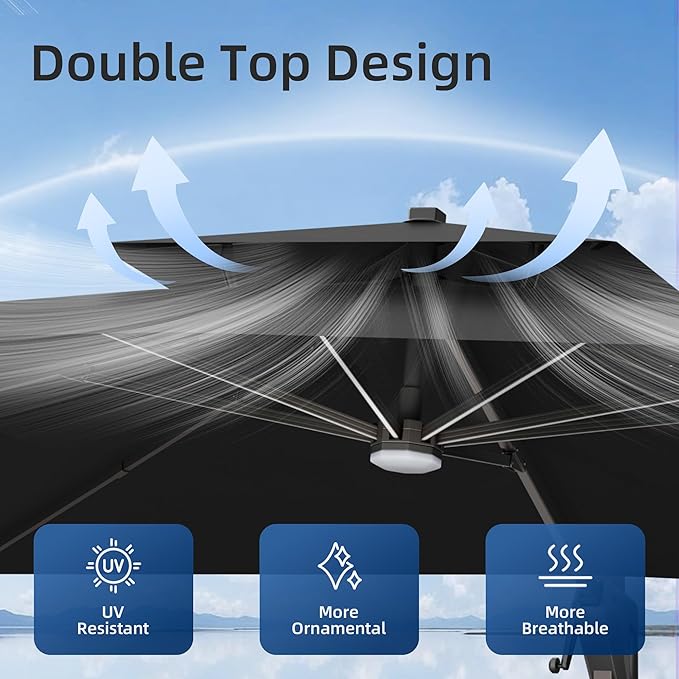 10x13 FT Patio Umbrella with LED Lights Cantilever Outdoor Large Heavy Duty Rectangle Aluminum Offset Umbrellas Double Top 360 Rotation 7 Tilt Adjustment for Pool Deck Garden, Black