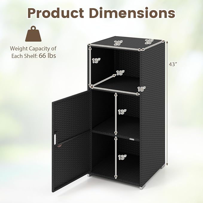Tangkula Rattan Outdoor Storage Cabinet, Patiojoy PE Wicker Outdoor Cabinet with 3 Storage Shelves, Open Compartment and Door, Patio Storage Deck Box for Porch, Poolside, Backyard