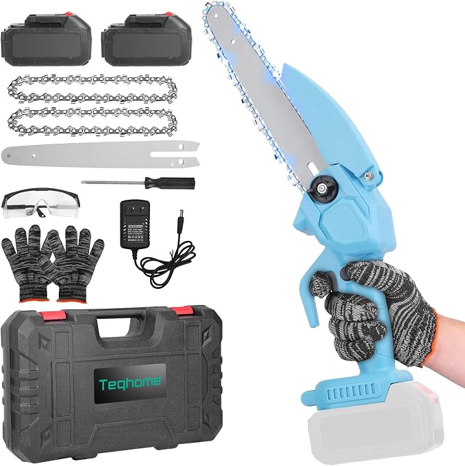 TeqHome Mini Chainsaw, 8 Inch Cordless Mini Electric Chainsaw Battery Powered with 2 Batteries & 2 Chains,Portable Handheld Small Chain Saw for Wood Tree Trimming Branches,Sawzall for Household Garden