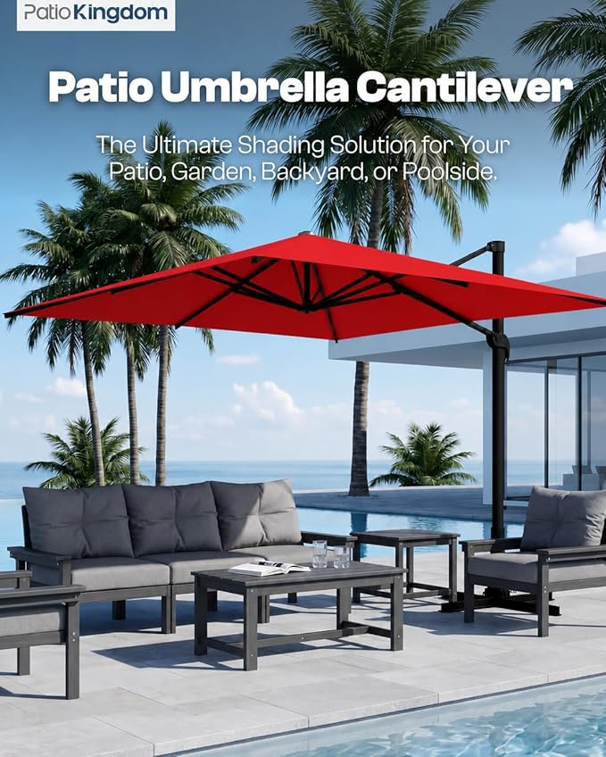 8x8 FT Square Cantilever Umbrella,Easy Tilt, Fade Resistant & 360° Rotation, Offset for Pool Deck Backyard Patiored (Base not Included)
