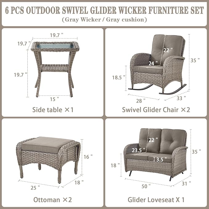 Belord 6 Pieces Wicker Patio Furniture Set with Patio Rocking Chairs, High Back Patio Conversation Set Outdoor Loveseat Glider with Ottoman and Rattan Side Table for Sunroom Deck Backyard