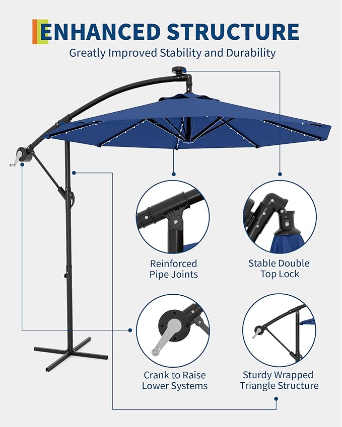 10FT Cantilever Patio Umbrella with Solar LED Lights - Heavy Duty 2-Tier Square Aluminum Offset Outdoor Umbrella, 360° Rotation for Poolside, Backyard, Deck Outdoor Use, Tan