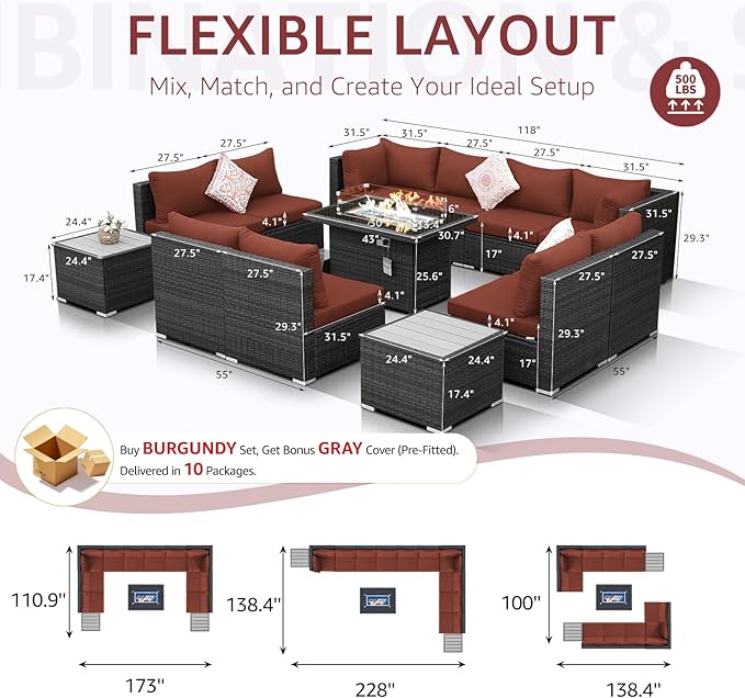 NICESOUL 13 Piece Outdoor Sectional Furniture with Firepit, Contemporary Back Yard Fireplace w/Seating Area, Plus Size 29.3'' High Back Patio Set, All-Weather Wicker Couch for Exterior, Gray & Red