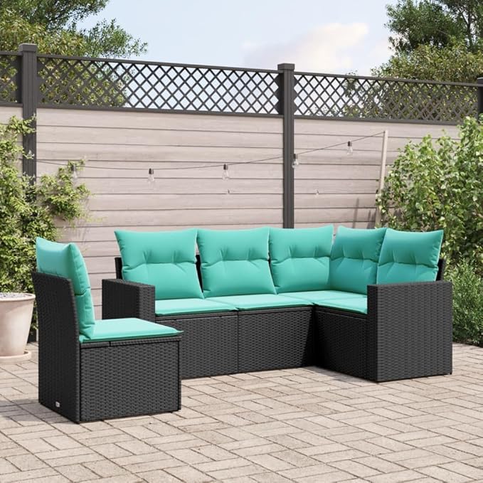 Patio Furniture Sets,Outdoor loveseat,Patio Conversation Sets,5 Piece Patio Sofa Set with Cushions Black Poly RattanSuitable for Patio, Garden, Gazebo Low