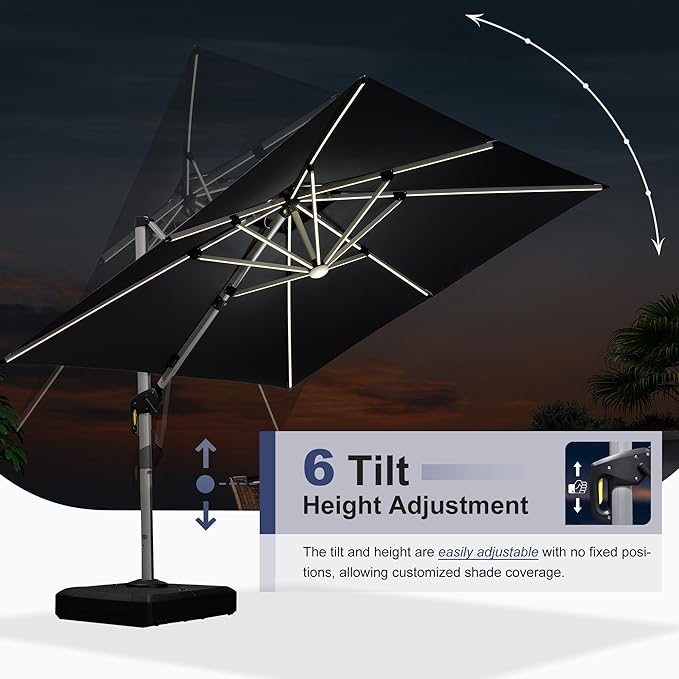 PURPLE LEAF 12 Feet Double Top Deluxe Solar Powered LED Square Patio Umbrella Light Patio Umbrella Outdoor Cantilever Umbrella with Lights, Grey