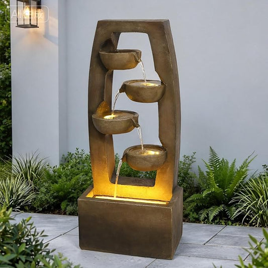 4-Tier Outdoor Water Fountain with LED Lights, 37.6" Cascading Bowl Waterfall Fountain for Garden, Freestanding Resin Fountain with Pump, Weather-Resistant Decorative Fountain, Brown