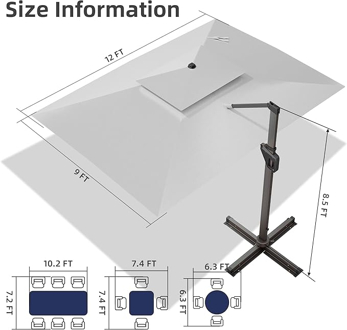 9x12 FT Patio Umbrella with Weighted Base and LED Lights Cantilever Outdoor Large Heavy Duty Rectangle Aluminum Offset Umbrellas Double Top 360 Rotation for Pool Deck Garden, Fog grey