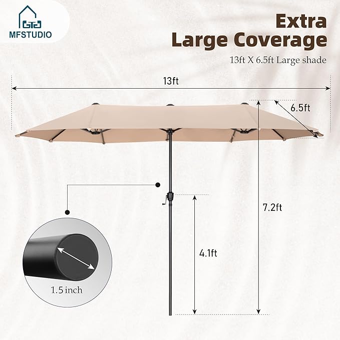 MFSTUDIO 13ft Outdoor Patio Umbrella, Double Sided Large Rectangular Umbrella Market Table Twin Triple Rectangle Umbrellas with Crank Handle for Outside Picnic Backyard Deck Pool (no base)