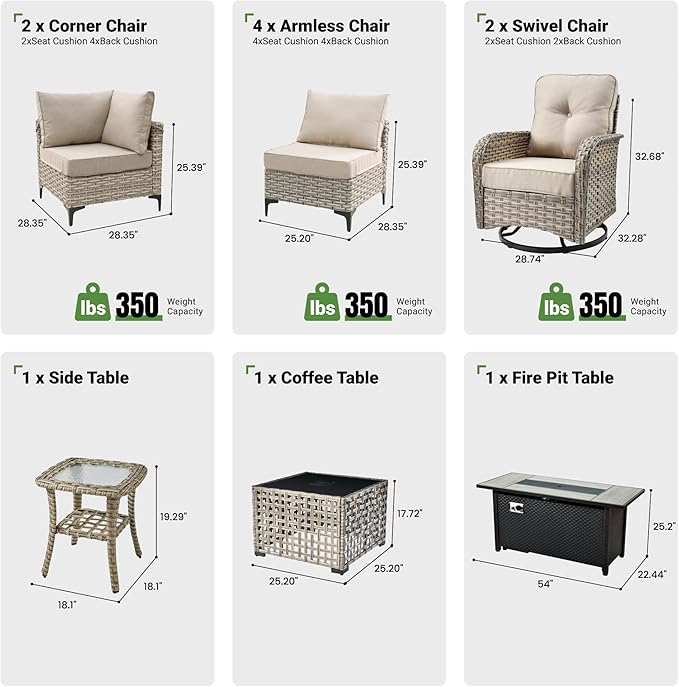 11 Pcs Patio Furniture with Fire Pit Table, Outdoor Rattan Wicker Conversation Set with Glowing Coffee Table, Comfy Sectional Sofa for Porch Balcony Backyard Pool, Beige