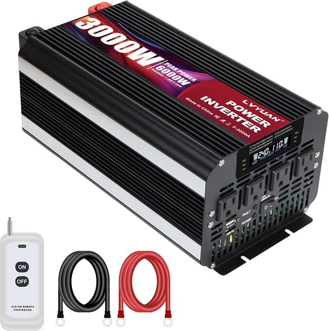 LVYUAN 3000 Watt Power Inverter 24V to 110V 120V DC to AC with 4 AC Outlets, LCD Display, USB Port & Remote Control for Home, RV, Vehicle, Truck, Off-Grid Solar System, Heavy Duty Outdoor Camping