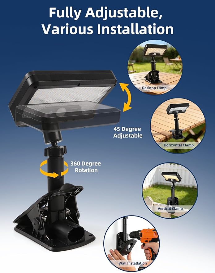 Solar Clip Light with Motion Sensor, Waterproof Clip On Solar Lights Outdoor, 360°Rotatable & 45°Up-Down Adjustable Solar Fence Ligh, Dual Charging Modes,Solar Security Light for Garden Garage