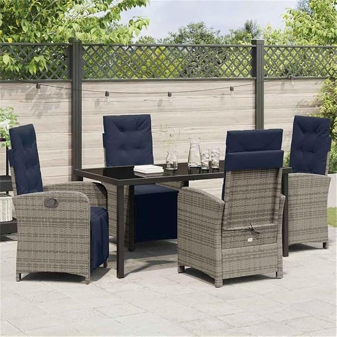 Afuera Living 5 Piece Poly Rattan Garden Dining Set, Gray, Cushioned Seats, Glass-Top Table, Adjustable Backrests, Weather-Resistant, Steel Frame, Modern Outdoor Patio Furniture for Gardens and