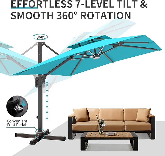 10 X 13 FT Cantilever Patio Umbrella with Led Lights Outdoor Rectangle Offset Large Double Top Heavy Duty Umbrellas with 360°Rotation for Pool Deck Backyard Garden, Turquoise