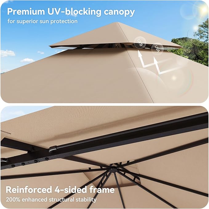 10'x10' Gazebo, Outdoor Gazebo Metal Frame Canopy with Double Roofs, Heavy Duty Patio Tent Shelter with Mosquito Netting and Privacy Screen for Backyard, Beige