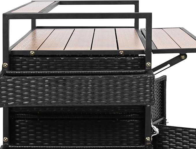 Merax Outdoor Bar Table & Storage Cabinet, Wheels and Drop Leaf Table Top, Patio Bar Table with Raised Shelf for Patio Kitchen or Bar Cart, Black Brown