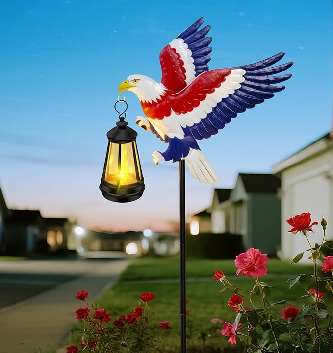 4th of July Decorations Outdoor Solar Lights, Solar Eagle Garden Lights with Lantern, Patriotic Eagle Stake Light for Yard Lawn Garden Patio, USA 250th Anniversary Decor for Memorial Day Veterans Day