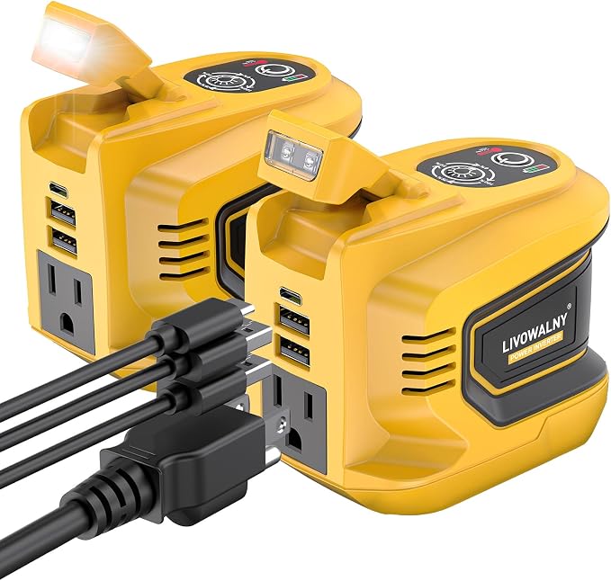 2 Packs Power Inverter Compatible With Dewalt 20V, LIVOWALNY Real 200W Battery Inverter 20V to 110V Power Adapter Charger Adapter Power Station Power Supply 2 USB & 1 Type-C & 1 AC Outlet (No Battery)