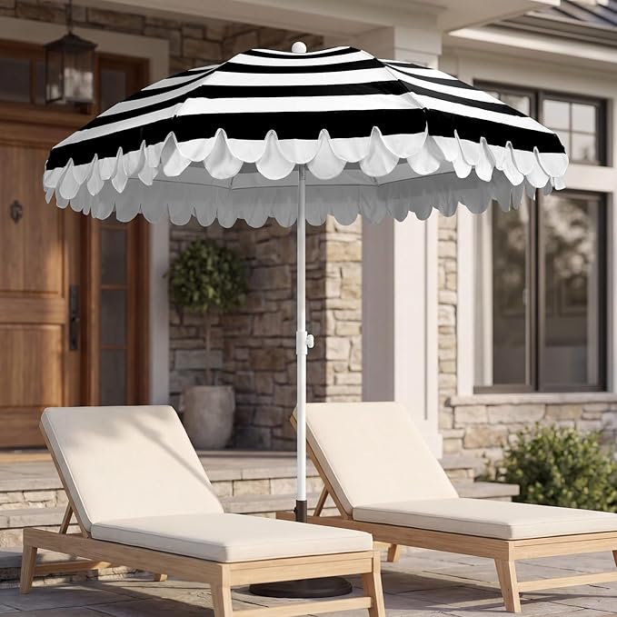 6.5Ft Valance Beach Umbrella, Classic Scalloped Fringe Umbrella with Push Button Tilt, UPF50+ Portable Outdoor Umbrellas with Carry Bag for Patio Garden Pool