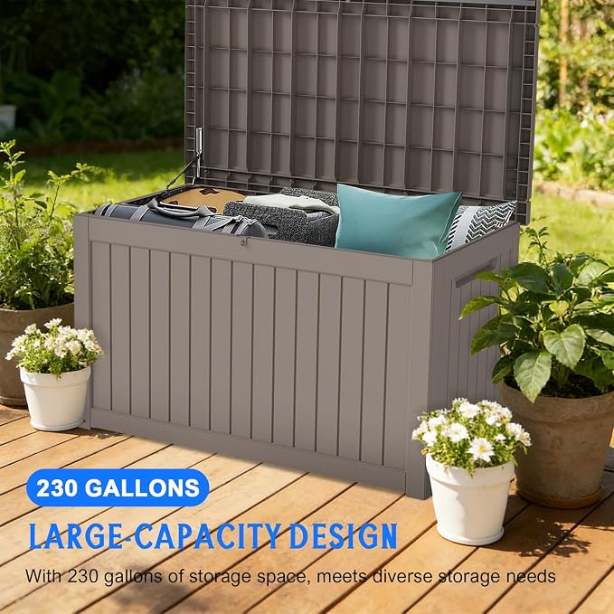 FEFLO 230 Gallon Waterproof Resin Deck Box, Heavy-Duty Outdoor Storage Box | Lockable Lid & UV-Resistant Patio Storage Chest for Garden Tools, Pool Accessories, Package Delivery, Toys, Furniture