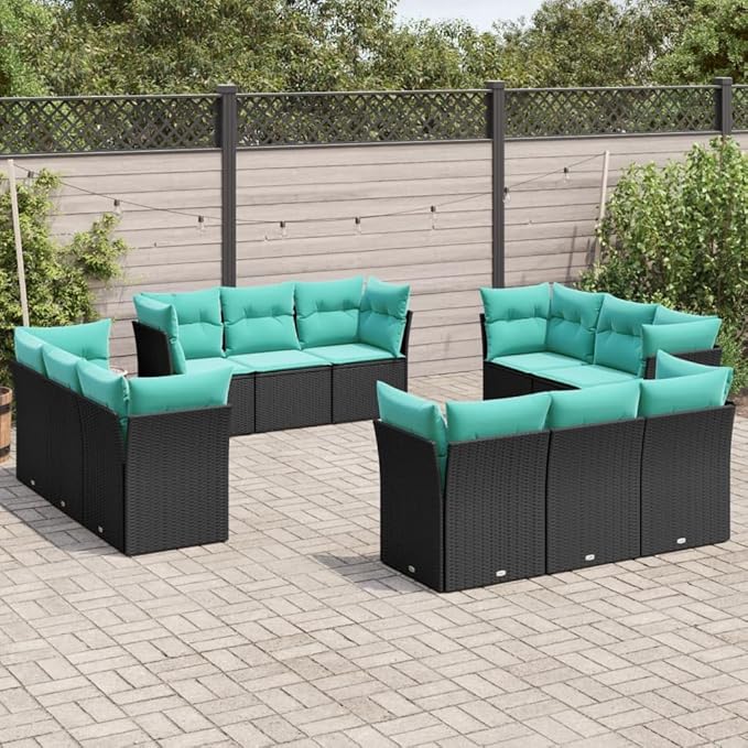 12 Piece Patio Sofa Set with Cushions, Patio Conversation Set Garden Lounge Set Front Porch Furniture Sectional Sofa for Poolside Piazza Garden Exhibition Black Poly Rattan