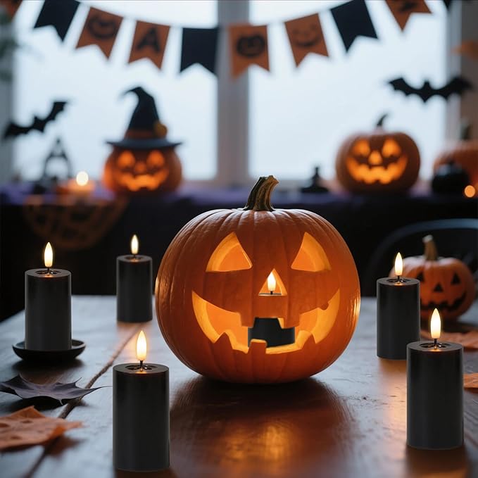 Halloween Decorations Mirror Surface Candles with Remote Timer, Battery Operated 6pcs Real Wax LED Votive Candle Realistic Flickering for for Halloween Decor Lantern Φ 2" H 4.5” Black