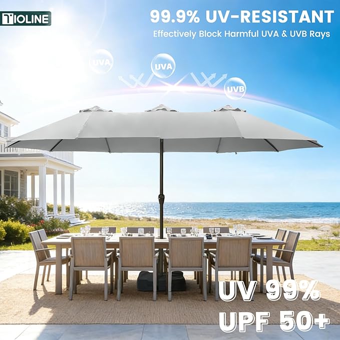 15FT Large Patio Umbrellas with Base Included, Outdoor Double-Sided Rectangle Big Market Umbrella with Stand, Outside Umbrellas for Poolside Lawn Backyard,Light Gray