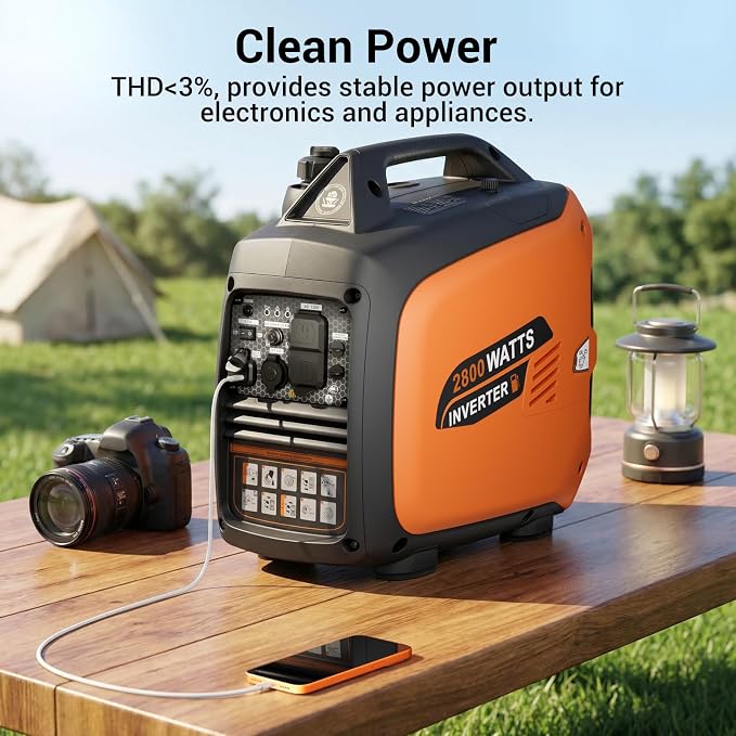 EFURDEN 2800W Quiet Gas-Powered Inverter Generator for Home Use, Camping, RV, 40Lbs, Non-Battery Operated, EPA Compliant