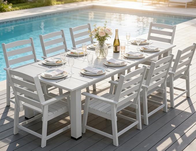 LOUNZY 9 Pieces Patio Dining Sets, 90'' Table Outdoor HDPE Furniture Set w/ 2" Hole Cut-Out Dining Table with 8 Patio Chairs for Lawn, Pool and Yard, White