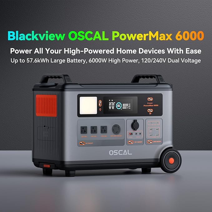 Powermax 6000W(9000W Peak) Portable Solar Power Station with 4 * 500W Solar Panels, 7200Wh LiFePO4 Battery(with 3600Wh Expansion Battery Pack), 2400W Solar Charging Generator for Camping, Home