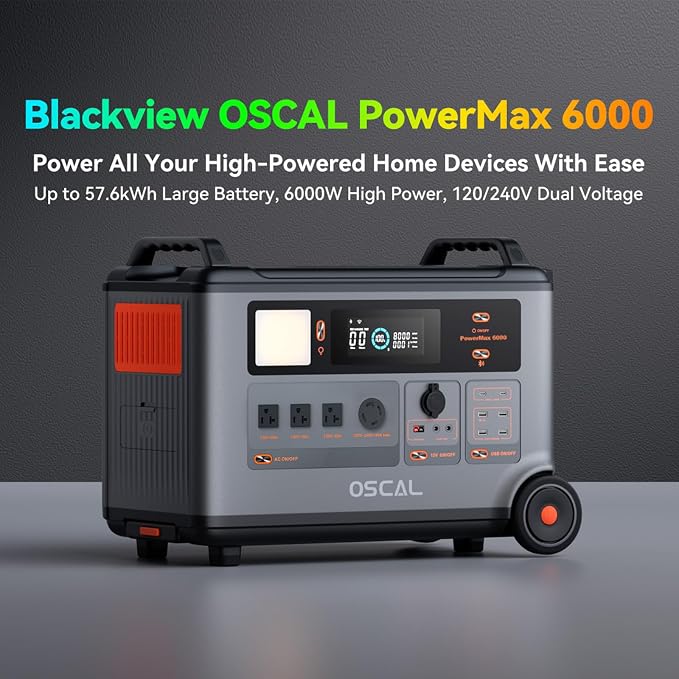 Powermax 6000W(9000W Peak) Portable Solar Power Station, 3600Wh LiFePO4 Battery with 4x400W Solar Panels, 1.6H Fast 2400W Solar Charging Generator for Camping, RV, Home Backup, Emergency