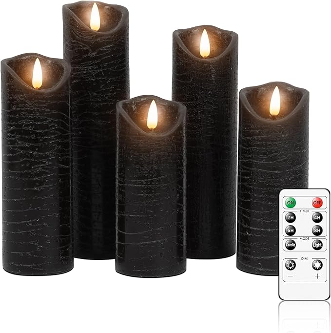 Flickering Flameless LED Candles with 5 PCS (H5 5.5" 6" 7" 8"), Fake Battery Operated Pillar Candles - 3D, Remote and Timers, Real Wax Candles for Home/Wedding/Fireplace Xmas Decor (Black)