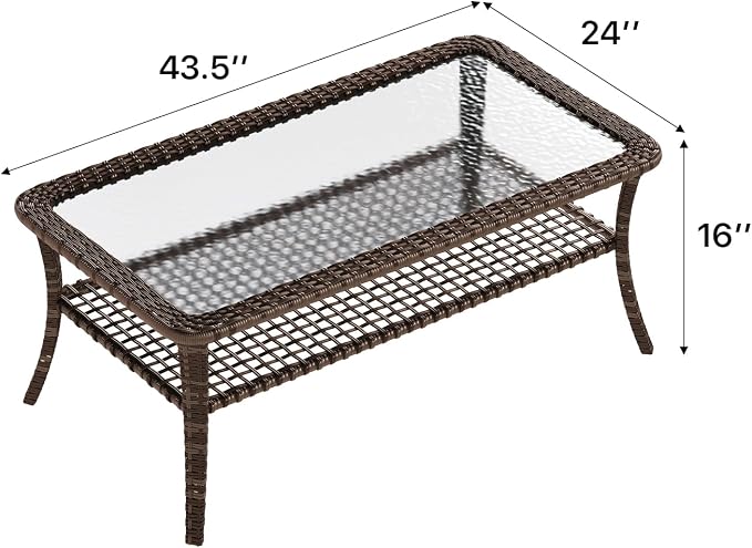 Aoxun Outdoor Coffee Table with Storage Wicker Patio Coffee Table, All-Weather Tempered Glass Top Coffee Table for Patio Furniture Set for Balcony, Garden, Deck, Backyard, Brown