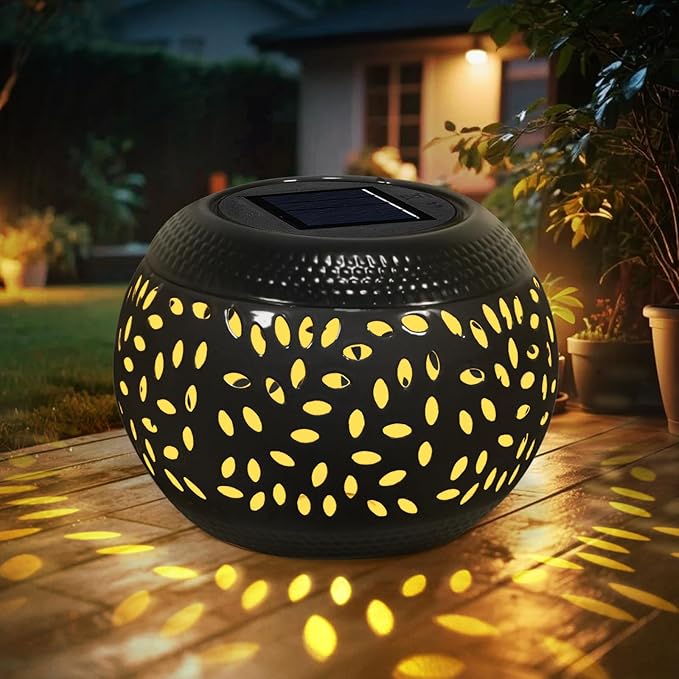 Solar Table Light Waterproof Outdoor & Indoor Lantern - Black Metal Retro Hollowed-Out Flickering Flame Tabletop Lights for Desk/Bedroom/Patio/Garden, Solar Powered Lamp Pathway Yard Garden Decor