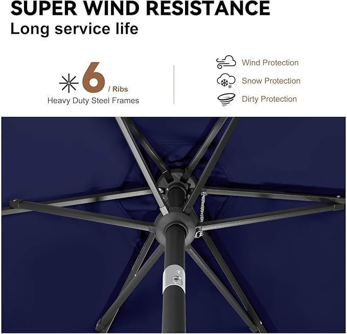 10FT Patio Umbrella Outdoor - Table Umbrella with 6 Sturdy Ribs, Market Umbrella with Push Button Tilt, UV Protection for Pool, Porch, Garden, Deck, Backyard (Navy Blue)