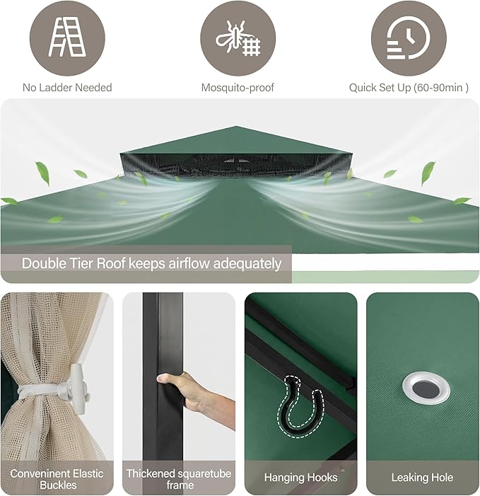LAUSAINT HOME Patio Gazebo 8'x8', Outdoor Heavy Duty Party Tent Shelter with Double Roofs, Mosquito Nettings and Privacy Screens for Backyard, Garden, Lawn, Forest Green