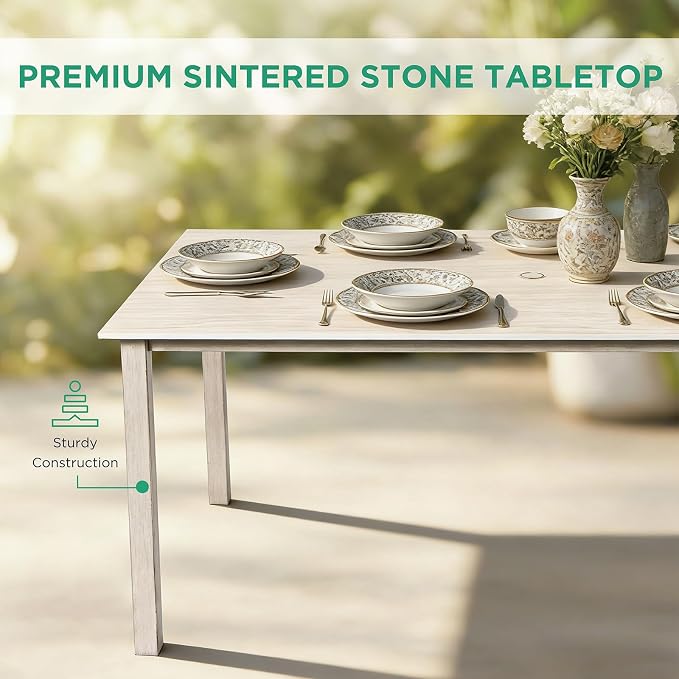 7-Piece Patio Dining Set, White Food-Grade Sintered Stone Dining Table with Umbrella Hole, 4 Dining Chairs and 2 Swivel Chairs with Beige Removable Thickened Cushions for Garden Lawn Yard