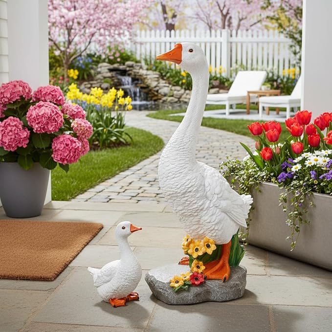 Porch Goose Garden Statue 2 Pack, Mom and Baby Goose Garden Decor, 20 Inches High Goose Statue, Big Resin Yard Decor, Outdoor Geese Figurine for Patio,Porch,Yard,Lawn Ornament, Gifts for Mom