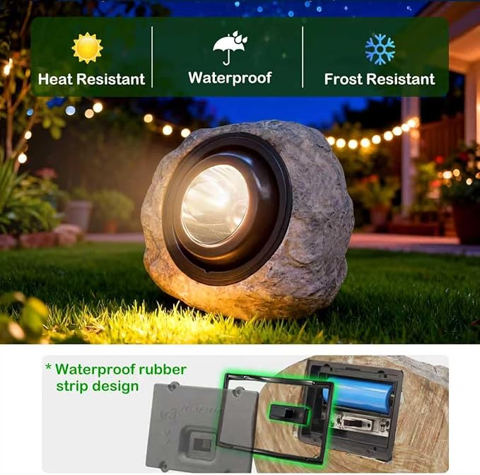 Solar Rock Lights Outdoor,2 Pack IP65 Waterproof LED Solar Ash Gray Garden Stone Spotlights,Warm White & Cool White Switchable,Auto On/Off Landscape Lights for Pathway Walkway Yard Patio