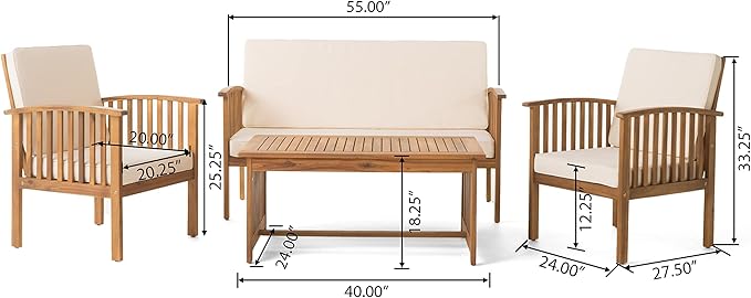 Merax Patio Furniture Set, 4 Pieces Outdoor Acacia Wood Conversation Sets with Coffee Table & Cushions, Garden Conversation Bistro Sets for Patio, Lawn, Yard, Pool or Backyard, Brown