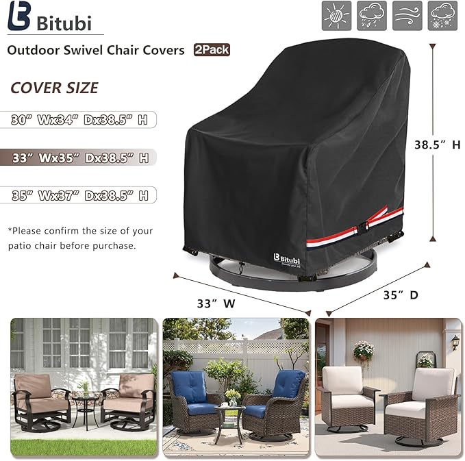 Bitubi Waterproof 2 Pack Outdoor Swivel Chair Cover for Patio Chair Size Up to 33W x 35D x 38.5H inch,Outdoor Lawn Patio Furniture Covers (Black)