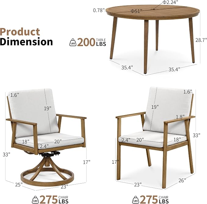 7-Piece Round Outdoor Dining Table Set, 51" All-Aluminum Round Outdoor Table with 6 Chairs, Rust-Resistant Faux Wood Grain Patio Table with Umbrella Hole for Garden, Backyard, Poolside, Teak