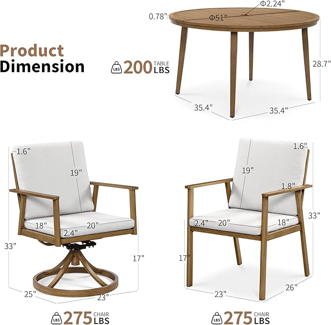 7-Piece Round Outdoor Dining Table Set, 51" All-Aluminum Round Outdoor Table with 6 Chairs, Rust-Resistant Faux Wood Grain Patio Table with Umbrella Hole for Garden, Backyard, Poolside, Teak