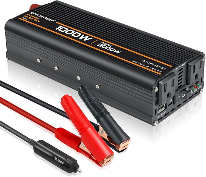 1000W Power Inverter, Inverter 12V to 110V with 2 AC Outlets, 2.1A USB Port, Car Power Inverter with Alligator Battery Clamp for Phone, Laptop on Camping, Road Trip