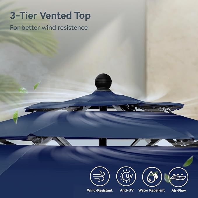 PHI VILLA 6 Piece Outdoor Dining Set with 10ft Umbrella (Navy Blue), Patio Table and Chairs for 4 with Lightweight Folding Chairs & Metal Square Table for Yard, Garden and Deck (No Umbrella Base)